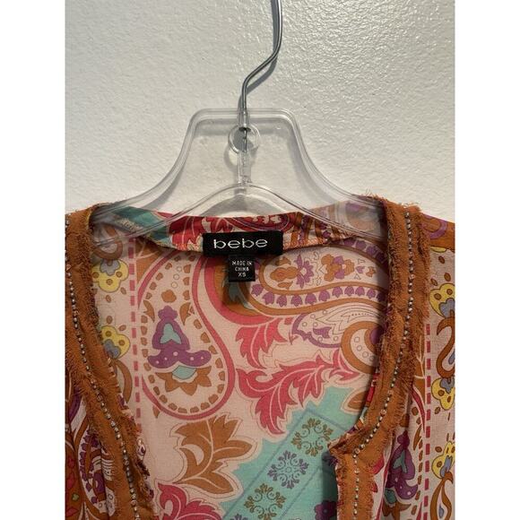 BEBE Cover Up Size XS Multi Color 100% Silk Tunic Top Sheer Boho V Neck Beaded - Picture 3 of 9